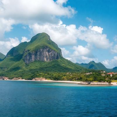 The primary subject of the image is a large mountain with a lush green forest surrounding it. The mountain is situated in a beautiful landscape, with a beach and a city visible in the background. The visual style of the image is a photo, capturing the natural beauty of the mountain and its surroundings. The colors and mood of the image are vibrant and serene, with the green forest and blue ocean creating a sense of tranquility and wonder.
